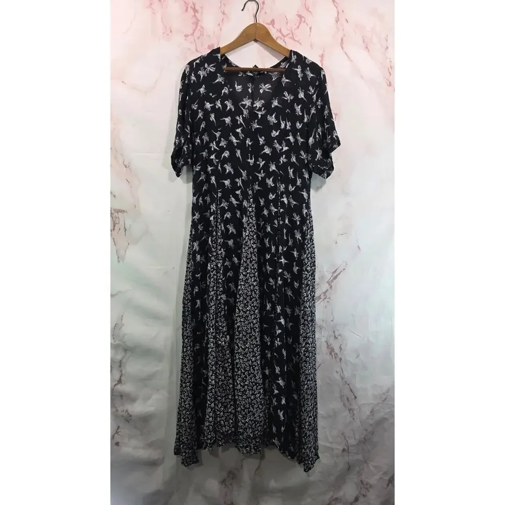 Vintage 90s Dress Womens Medium Black Blue Maxi Midi Floral Witchy Ditzy Micro - Picture 1 of 11
